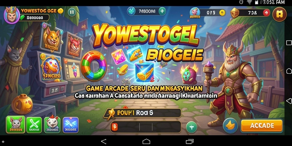 Tampilan antarmuka YOWESTOGEL saat bermain game Arcade penuh warna.